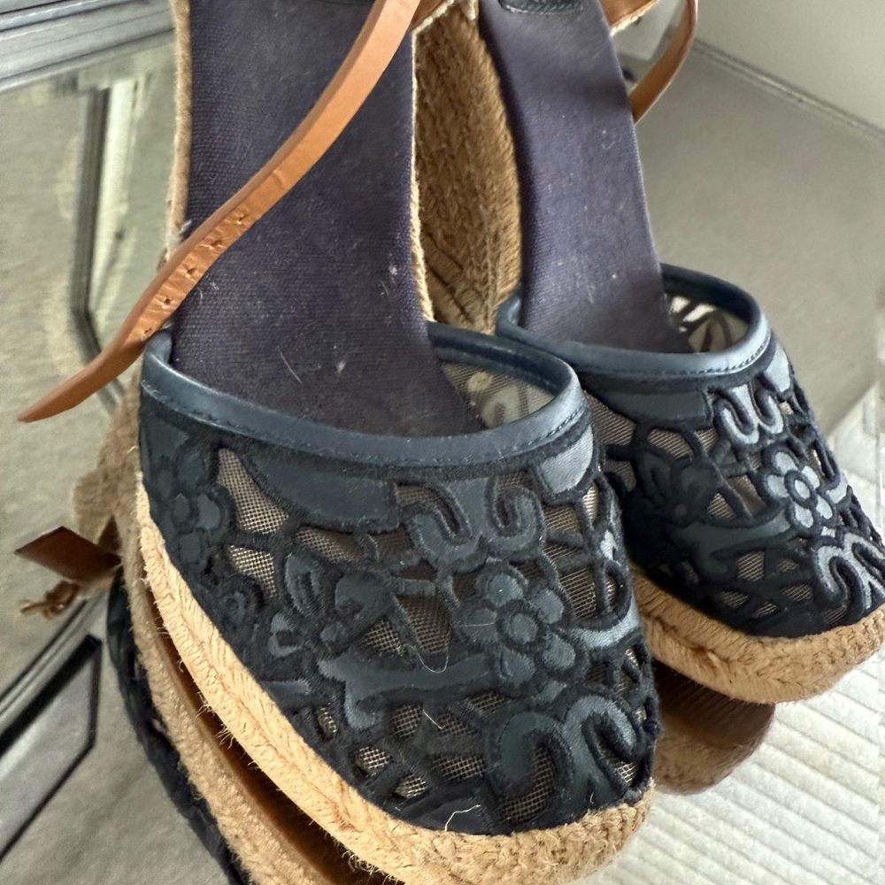 Tory Burch Navy and Tan Wedge Sandals - Picture 3 of 6